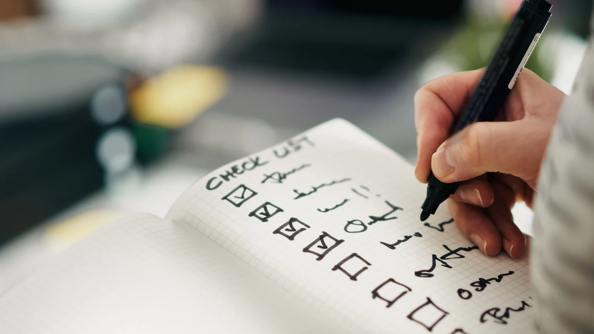 A hand ticking items on a handwritten checklist in a notebook, representing the documents and questions an owner gathers before a timeshare contract review