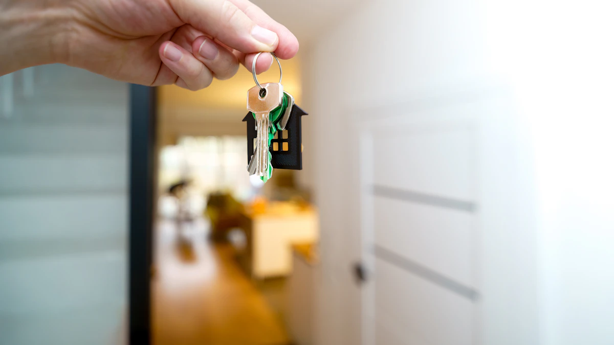 A hand holding a set of keys on a house-shaped keychain in an open doorway, representing returning a timeshare to the resort or transferring it