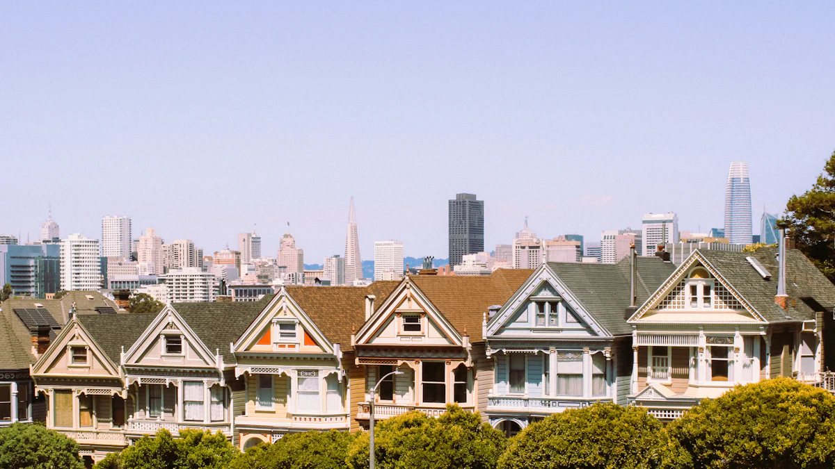 A row of colorful houses in front of a city skyline, representing a deeded timeshare week that works like a deed to real property