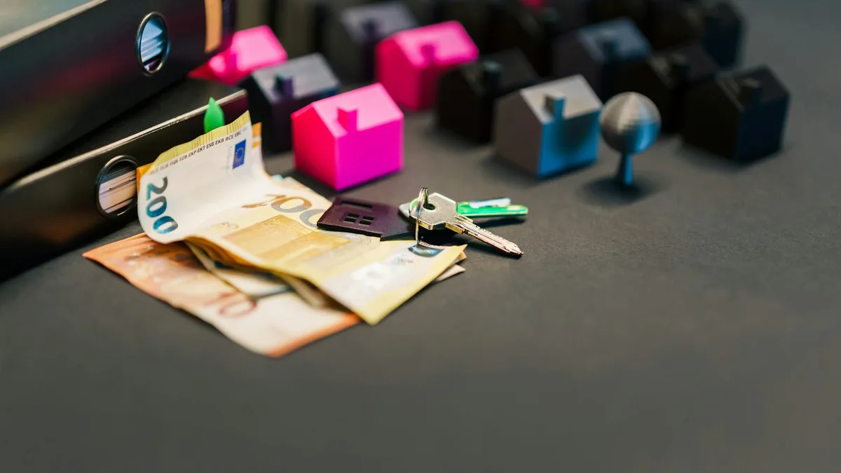 House models, banknotes, and keys arranged on a desk, representing the unpaid loan or lien that must be released before a U.S. timeshare can transfer