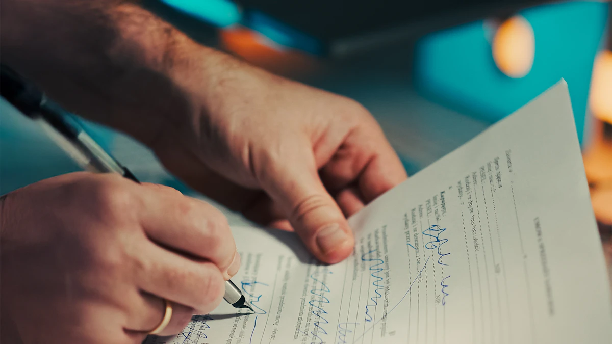 A person signing a timeshare ownership document with a pen, representing the importance of reviewing your contract