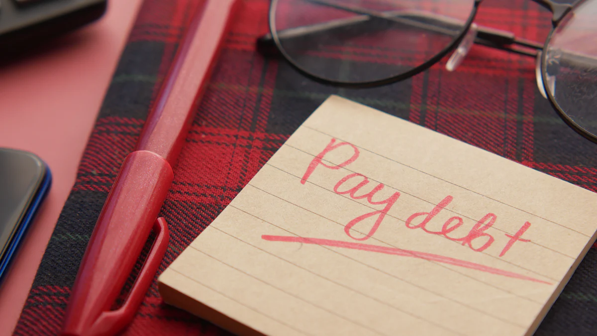 A sticky note reading pay debt beside a pen and glasses, representing how an account in debt or foreclosure changes the cost of a timeshare cancellation case