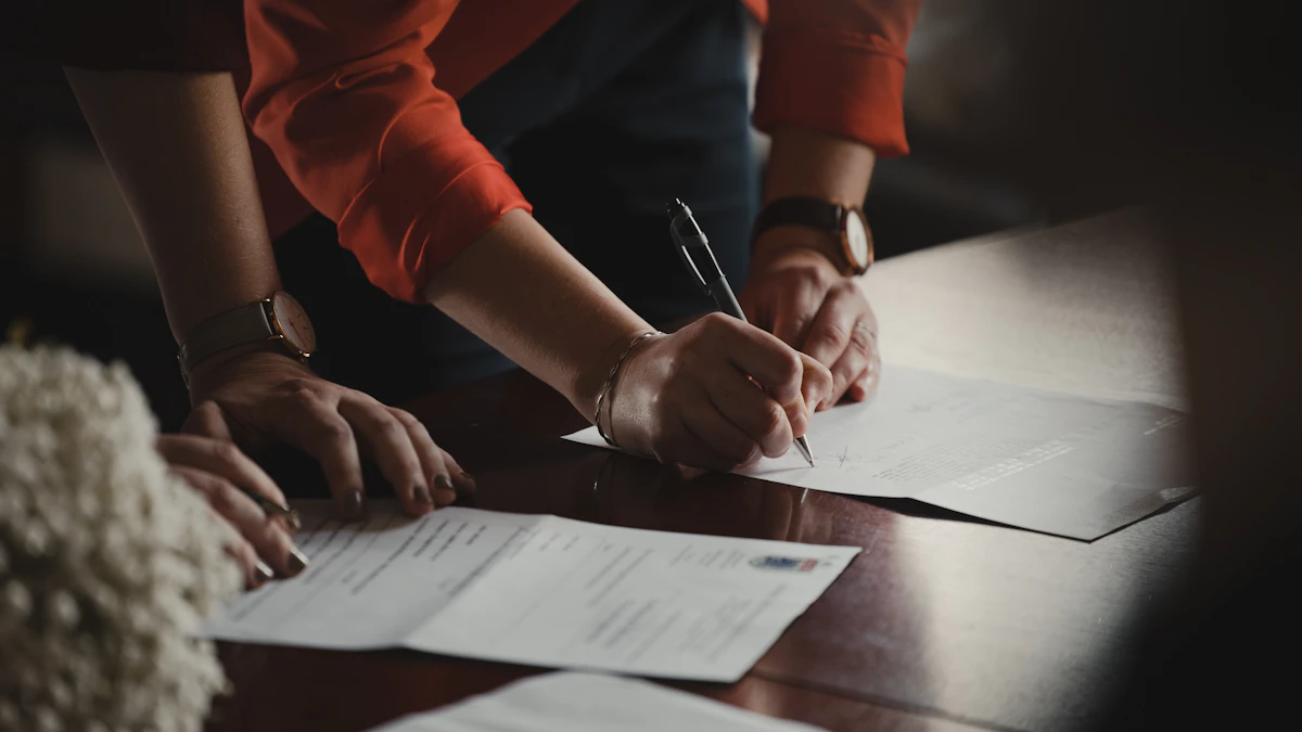 Two people reviewing and signing a timeshare contract during a professional contract review
