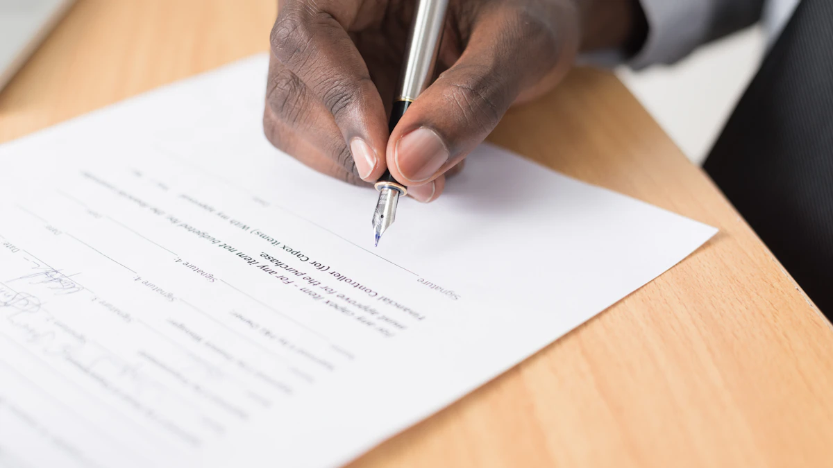 A hand signing a document with a fountain pen on a white sheet, representing a U.S. buyer signing a timeshare rescission letter
