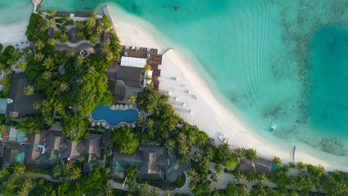 Aerial view of a beachfront timeshare resort property that loses resale value over time